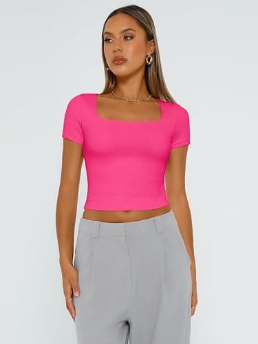 Trendy Queen Tshirts Shirts for Women Double Lined Going Out Crop Tops 2025 Spring Summer Workout Y2k Clothes Beach Fashion - X-Small - Neonpink thumbnail 2