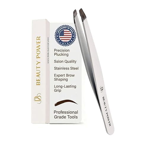 Beauty Power Slant Tip Precision Tweezers - Stainless Steel Eyebrow Tweezers for Women & Men - Precision Tweezers for Facial Hair, Ingrown Hair & Brow Shaping - Professional Beauty Tool - White - Image 1