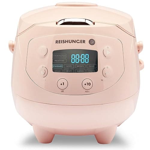 Reishunger Digital Mini Rice Cooker & Steamer, Pink with Keep-Warm Function & Timer - 3.5 Cups - Small Rice Cooker Japanese Style with Ceramic Inner Pot - 8 Programs - 1-3 People - Pink - Image 1