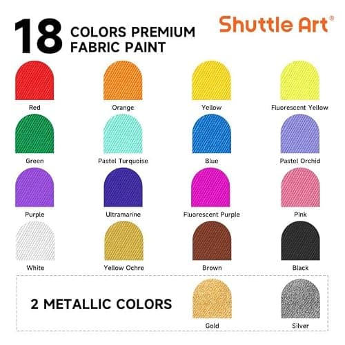 Shuttle Art Textilfarbe waschmaschinenfest, 18 waschfeste Stoffmalfarben (je 60ml) in Flaschen mit Pinseln, Vorlagen, wasserfeste Stofffarben für Kinder auf T-Shirt, Schuhe, Jeans, Tasche, Kleidung thumbnail 3