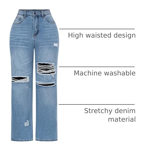 THUNDER STAR Womens High Waisted Wide Leg Jeans Stretchy Distressed Denim Pants thumbnail 4