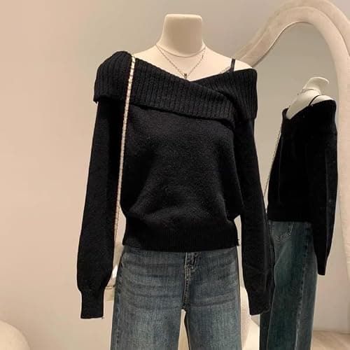Christmas wear Slanted Shoulder Longsleeved Sweater Womens Autumn and Winter twopiece top thumbnail 3