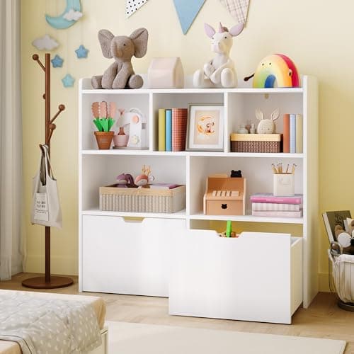 Garvee Toy Storage Organizer with Movable Drawers, Kids Bookshelf with Hidden Wheels & Open Cubbies, Multifunctional Floor Storage Chest for Playroom, White thumbnail 8