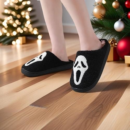 Zuiyisu Halloween Slippers for Women Men, Soft Plush Fuzzy Winter holiday slippers, Retro Cozy House Slippers, Comfy Bedroom Christmas Slippers Indoor Outdoor Shoes - Halloweenhead - 10-11 Women/9.5-10 Men thumbnail 7