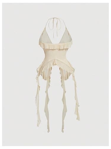 WDIRARA Women's 3D Flower Tie Front Ruffle Trim Halter Top Tie Backless Camisole thumbnail 2