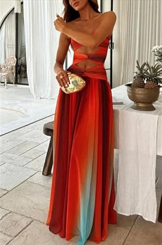 Seyumixi Women Tie Dye Maxi Dress Strapless Gradient Hollow Out Long Dress Summer Off Shoulder Flowy Elegant Dresses thumbnail 3