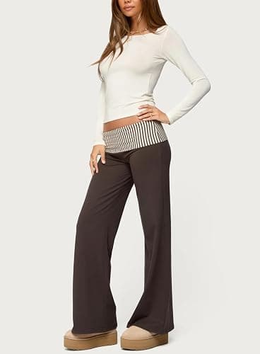 Women Y2k Foldover Pants Wide Leg Flare Sweatpants Low Rise Lounge Bottoms | Fold over Color Block Leggings, Cute Straight Leg Yoga Pj Pants thumbnail 3