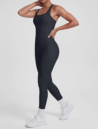 2 Piece Workout Sets for Women Racerback Tank High Waisted Pocket Leggings No Front Seam Tummy Control Butt Lifting thumbnail 3