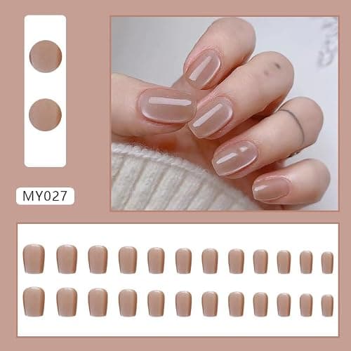 Square Press on Short Glossy Fake Nude Acrylic Nails - Shiny Ombre False Glossy Gel Glue on Squoval Stick on for Women Girls - Decoration 24 Pcs thumbnail 4
