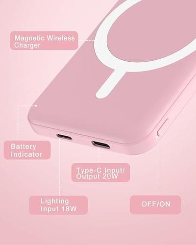 podoru for Magsafe Battery Pack, 5000mAh Magnetic Power Bank with Type-C Cable 20W PD Fast Charging Lighting Input Wireless Portable Charger for iPhone 17/16/15/14/13/12/ All Series-Pink thumbnail 5
