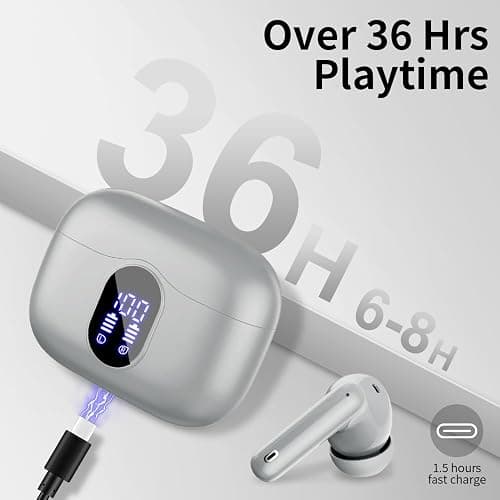 Wireless Earbuds Bluetooth 5.3 Headphones Bass Stereo Ear Buds with Noise Cancelling Mic LED Display in Ear Earphones IP7 Waterproof 36H Playtime for Laptop Pad Phones Sports Workout Grey thumbnail 7