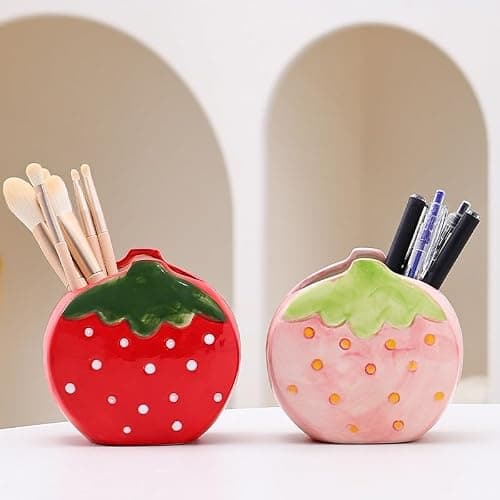 Youfui Strawberry Pencil Holder Toothbrush Holder Cute Pen Holder for Desk Organizer Makeup Brush Pencil Cup Kawaii Desk Accessories Aesthetic Office Home Decor Birthday Gifts for Women (Red) thumbnail 6