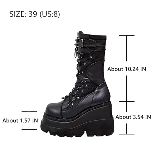 XYKHUI Womens Gothic Punk Platform Boots Chunky Wedge Heel Combat Boots Lace-Up and Zipper Round Toe Mid Calf Motorcycle Boot thumbnail 4