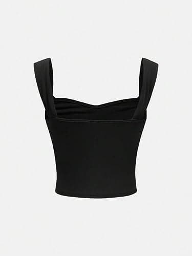 OYOANGLE Girl's Sleeveless Square Neck Wide Straps Ruched Tank Top Solid Slim Fit Crop Tops thumbnail 2