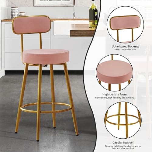 Yaheetech Velvet Barstools, 26'' Counter Height Velvet Stools for Kitchen Counter with Backrest and Footrest, Modern Gold Barstools, Pink, Set of 4 thumbnail 4