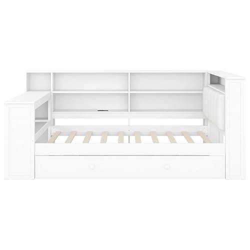 Merax Multifunctional Twin Size Daybed with Trundle, Built-in Desk, Wood Corner Bed with 8 Storage Shelves, Charging Station, and Upholstered Headboard, Beige + White thumbnail 5