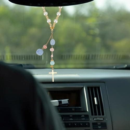 DELORIGIN Natural Jade Cross Car Hanging Ornament Rearview Mirror Accessories Glass Beaded Charms With Pearl Car Hanging Accessories Suncatcher for Car Rear View Mirror Window Balcony Keychain Decor thumbnail 6