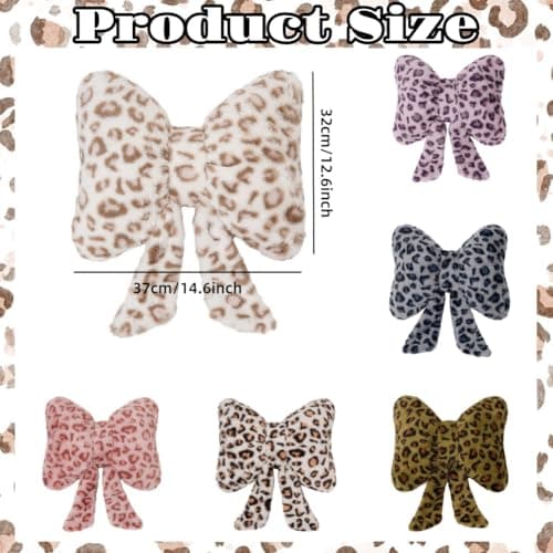 UNWAAT Cute Leopard Print Bow Throw Pillow Furry Bow Plush Pillows Plush Shaggy Cheetah Pillow Home Decor for Bed Couch Living Room Decor thumbnail 2
