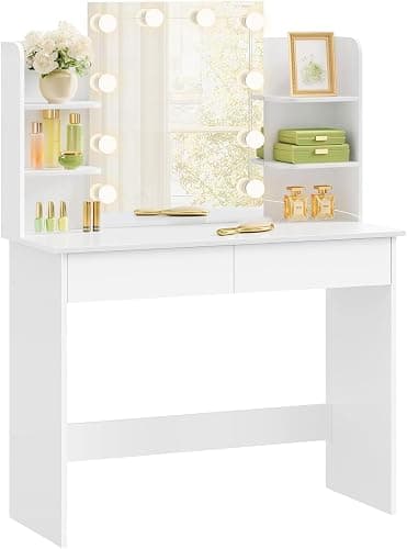 WOLTU Dressing Table, Vanity Desk, with Mirror and 10 Dimmable LED Bulbs, 2 Drawers and 4 Shelves, White Dressing Table, White, 90x40x135cm, MB6096ws thumbnail 9