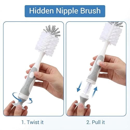 Ariseno 5-in-1 Baby Bottle Cleaner Set, Including Nylon & Silicone Bottle Brush, Cap, Straw & Nipple Brushes, BPA-Free (Grey) thumbnail 4