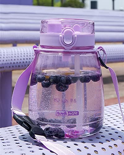 MOIOIBE Kawaii Water Bottle with Straw 45oz with Two Ways to Dinking Modern Cute Water Jug With Strap for Women/Teen Girl/School, Purple thumbnail 7