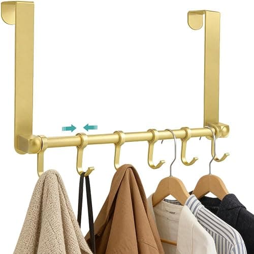 MGahyi Adjustable Over The Door Hooks with 6 Sliding Hooks, Extended Long Arm Space Aluminum Door Hanger, No-Drilling Anti-Scratch Towel & Coat Rack for Bathroom Bedroom Closet (Gold) - Image 1