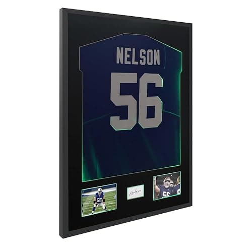 Snail 32"x24" Jersey Frame Display Case Wooden Wall Mounted Shadow Box for Baseball Basketball Football Soccer Hockey Sport Shirt, Plus Displaying Two Idol's Photos and One Signature, Black Finish - Matt Black(with Lights) thumbnail 2