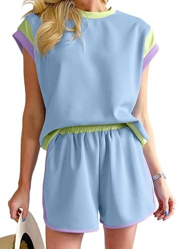 SHEWIN Women 2026 Color Block 2 Piece Short Sets Workout Tracksuit with Pockets Trendy thumbnail 2