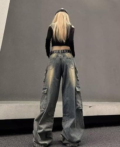 Hugboom Baggy Cargo Pants for Women Girls Wide Leg Jeans Y2k Hip Hop Streetwear Low Rise Oversized Jeans Grunge Clothes Blue thumbnail 3