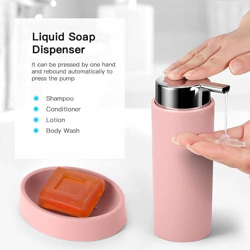 Otostar Bathroom Accessory Set Plastic Bathroom Accessories Set with Soap Dispenser Toothbrush Holder Qtip Holder Tumbler Soap Dish Toilet Brush Holder Trash Can Housewarming Gifts Bath Set (Pink) thumbnail 6