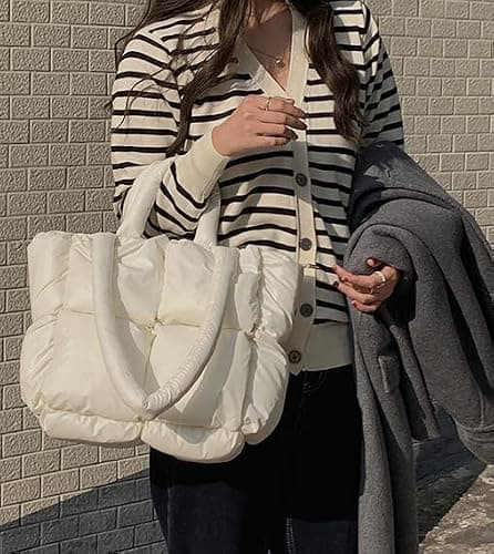 Puffer Shoulder Bag for Women Mini Down Satchel Hobo Bag Quilted Tote Bag Chic Purses 2024 - Light Pink thumbnail 7