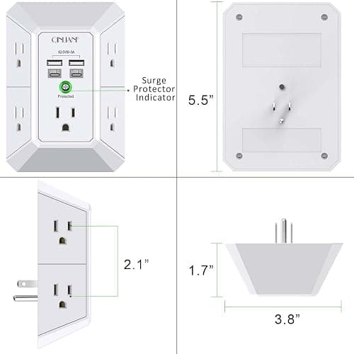 USB Wall Charger, Surge Protector, QINLIANF 5 Outlet Extender with 4 USB Charging Ports(2U2C) 3-Sided 1680J Power Strip Multi Plug Outlets Wall Adapter Spaced for Home Travel Office, White thumbnail 7
