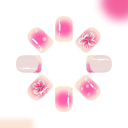 Square Press on Nails Short French Tip Fake Nails with Design 3D Flower Acrylic Nails Gradient Pink Glue on Nails Summer Nails Cute False Nails Coffin Artificial Stick on Nails for Women DIY 24Pcs thumbnail 5