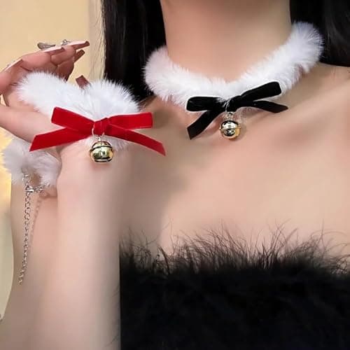 NFVITLP Red Bow Velvet Choker Necklace Sexy Faux Fur Collar Bowtie Long Wrap Rope Neck Chain with Gold Pendant Bell for Women thumbnail 7