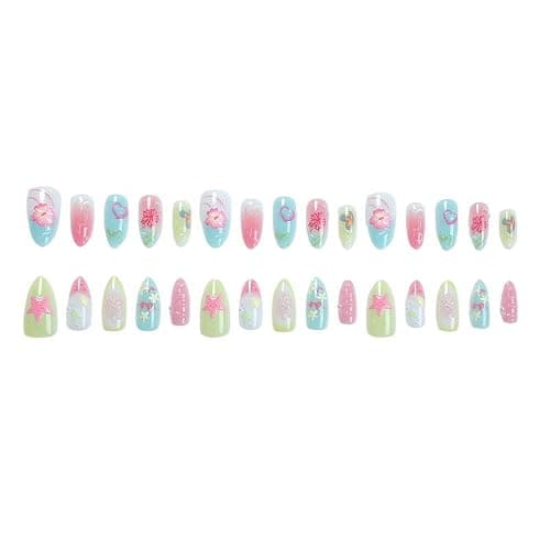 3D Press on Nails Medium Almond SWEKKE Summer Fake Nails Flower False Nails with Hibiscus Starfish Shell Designs Glossy Glue on Nails Hawaii Acrylic Nails for Women Girls 30Pcs thumbnail 6