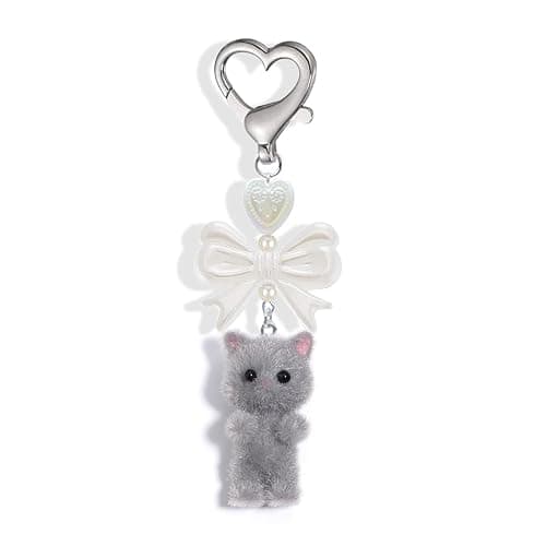 Agromusk Cute Kitty Keychain, Fuzzy Cat Decor Gifts, Y2K Heart Bow Pendent Women Girls Kawaii Cat Bag Charm - Image 1