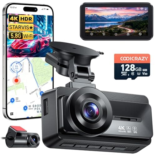 Coolcrazy 4K Dash Cam Front and Rear, STARVIS Sensor, Free 128GB Card Included, 5GHz WiFi-up to 20MB/s, Dual Dash Camera for Cars, Built-in GPS, G-Sensor, WDR/HDR Super Night Vision, 24H Parking Mode - Image 1