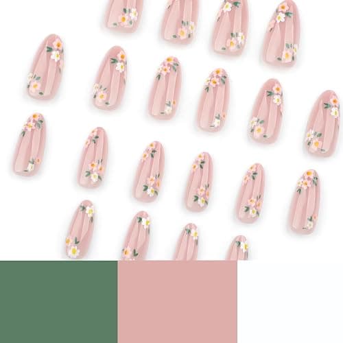 OHWODA Pink Spring Press on Nails Almond Shape Fake Nails with Small Flower Designs Daisy Floral Artificial Nails Medium Length Spring Summer Glue on Nails Flowers Stick on Nails for Women, 24Pcs thumbnail 4