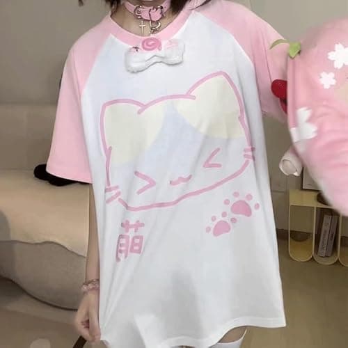 RILGOU Harajuku Kawaii Crewneck Cartoon Graphic Cute Kitty Print T-Shirt | Cutecore, Vintage Casual Style, Streetwear, Athleisure, Cotton Materials, Loose Fit, Raglan Short Sleeve, For Daily Wear thumbnail 5