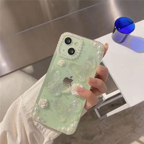 Changjia for iPhone 17 Clear Glitter Case, Cute Girly 3D Butterfly Floral Flowers Crystal Pearl Bling Sparkle Shiny with Wrist Strap Soft TPU Aesthetic Women Girls Phone Case for iPhone 17 6.3", Clear thumbnail 8