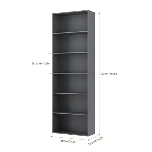 FOTOSOK 6-Tier Open Bookcase and Bookshelf, Freestanding Display Storage Shelves Tall Bookcase for Bedroom, Living Room and Office, Dark Gray thumbnail 3
