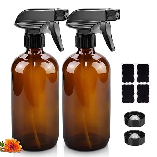 Worldgsb Glass Spray Bottles, 16oz Refillable Containers, Empty Boston Round Bottles with Labels & Adjustable Nozzle for Cleaning, Gardening, Aromatherapy, Pets, Plant, Hair -Amber (2 Pack) - 2 Pack - Amber - Image 1