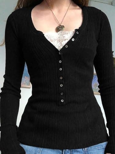 EMMIOL Lace Crop Button Up Shirts for Women Paneled Button Long Sleeve Knit Top Lightweight Slim Basic Knit Tunic Top Blouse thumbnail 3