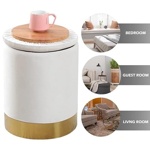 Mxfurhawa Velvet Storage Ottoman Multipurpose Footrest Stool with Metal Base Modern Round Vanity Stool Chair Ottoman Foot Stools Support 300 lbs Padded Seat for Living Room (Cream (Velvet)) thumbnail 4