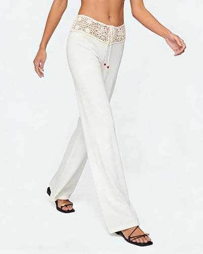 YANGCHA Women Summer Crochet Knit Pants Y2k Low Waist Drawstring Cover Up Pant Sexy Wide Leg Stretchy Hollow Out Beach Pants thumbnail 4