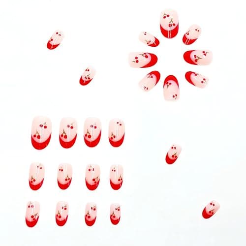 Mkwntg 24pcs Cherry Press-on Nails Short Square Plastic False Nails Multicolor French Tips Glossy Full Cover Reusable Summer Nail Set thumbnail 3