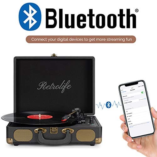 Record Player 3-Speed Bluetooth Suitcase Portable Belt-Driven Vinyl Record Player with Built-in Speakers RCA Line Out AUX in Headphone Jack Vintage Turntable Black thumbnail 2