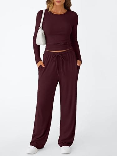 Trendy Queen Women's 2 Piece Matching Lounge Set Long Sleeve Slightly Crop Top Wide Leg Pants Casual Sweatsuit thumbnail 2