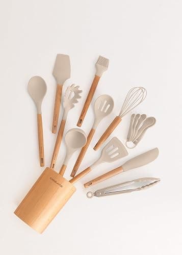 CREATE/Set d'utensiles de cuisine Sable et bois / 11 Utensiles de cuisine en silicone et bois hêtre naturel, sans BPA, jusqu'à 230°C thumbnail 2