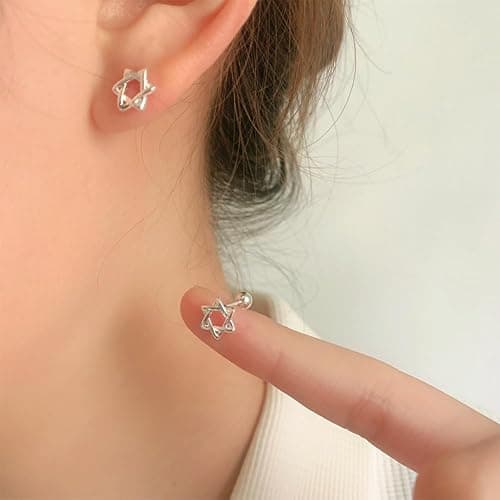 YILUOCD Hypoallergenic 925 Silver Plated Star of David Stud Earring Hexagon Star Twisted Earrings for Women Valentines Day Jewelry Gifts (Silver) thumbnail 6